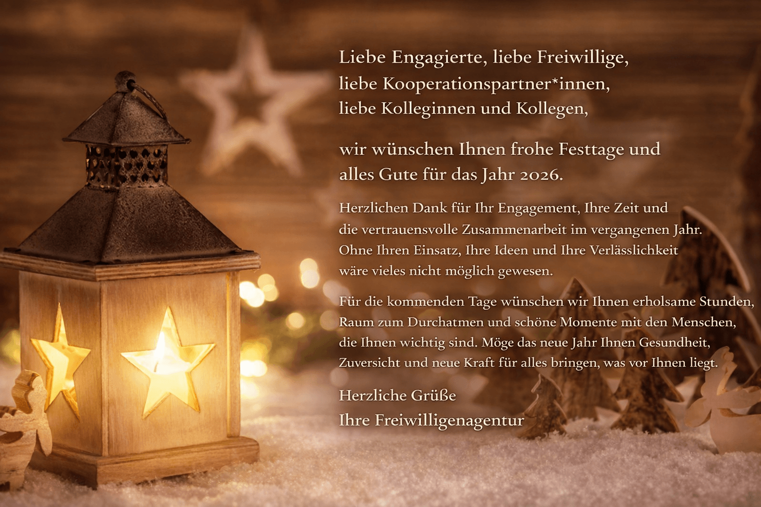 Festtagskarte der Freiwilligenagentur mit Laterne und Grußtext
